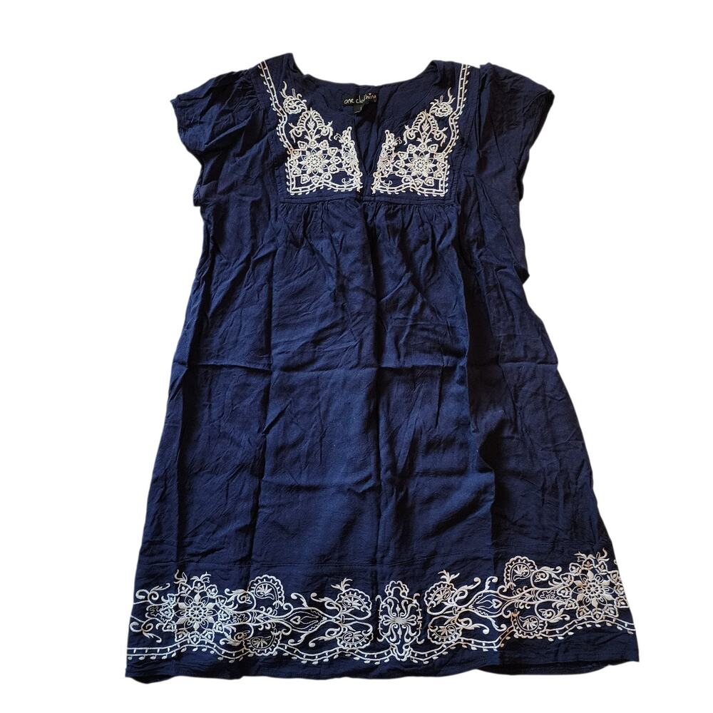 One Clothing Girls Shift Dress Size L Blue White Embroidered Short Sleeve